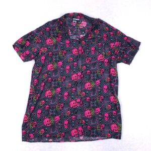 Vitriol Men's Large Skull Print Button Shirt Black Neon 100% Rayon Punk Rock